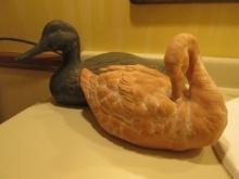 White Washed Terra Cotta Swan and Gold Washed Green Glazed Duck