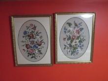 Two Framed and Matted Needlepoint Petit Point Flower Bouquets