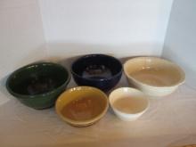 Five Vintage Glazed Pottery Mixing Bowls