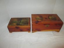 Two Cedar Jewelry Boxes with Decal Country Side Scene Tops