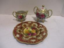 Vintage Handpainted Nippon Porcelain Plate and Cream/Sugar Bowl Set