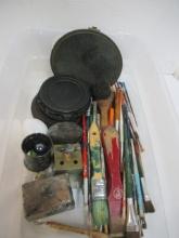 Misc. Lot-Artist Brushes, Carved Wood Stands, Stone Carved Ring Box,