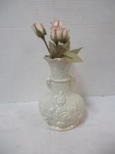 Ceramic Urn Vase with Grape Cluster Designs and Artificial Cloth Rose Buds
