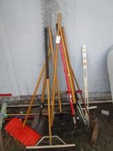 Lot of Yard Tools - Rake, Brooms, Shovels