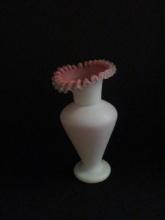 Antique Hand-Blown Pink Satin Ruffled Glass Vase