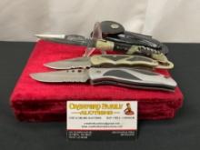 3x Fighter Plus Folding Pocket Knives, 2 w/ serrated section & 1 w/ leather sheath and corkscrew