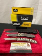 Trio of Buck Folding Pocket Knives, models 327 Nobleman, 501 w/ Patriotic Bald Eagle handle scales