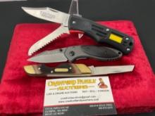 Trio of Knives, models X11 Camp Knife, Landshark 19OT, TM6 Tradesman Knife & Saw 1st Production Run