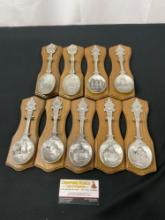 9x German Pewter Spoons w/ Wooden Plaques Jahresloffel WMF Zinn Yearly Editions