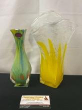 Pair of Murano Glass Vases, 1x Marked Green Bud Vase & Frilled Edge Yellow/White piece