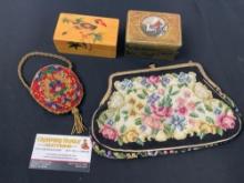 Pair of Jewelry Boxes, Beaded Handmade Coinpurse & French Needlepoint Floral Purse