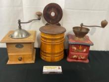 Pair of German Coffee Grinders, 1x Handpainted w/ a Copper Hopper & Primitive Wooden Salt Box