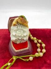 Vintage white and brown jade floral pendant with jade bead necklace - lovely piece
