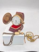 Antique Men's H.F. Steck Gold tone 15 Jewel Pocket watch 13778295 w/ 2 antique watch Fobs