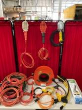 24 pcs Electrical Extension Cords & 3 pcs Hanging Work Lamps. Tripp-Lite, KordoWynd. See pics.