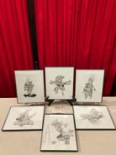 6 pcs Framed & Signed Original Futuristic Pen & Ink Drawings by Local Artist R. Larimore. See pics.