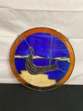 Gorgeous Stained Glass Boat Scene in Circle - Nice Orange & Blue Tones