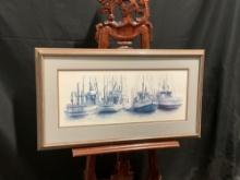Framed Litho, Signed & #d 48/500 Blue Pen Drawing of Boats at Harbor by Sharon Pedersen 1988
