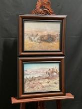 Pair of Framed CM Russell Western Prints, Wagons Westward & Mandan Buffalo Hunt