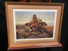 Framed Western Art Print titled Riding Line by CM Russell, 14 x 17 inches