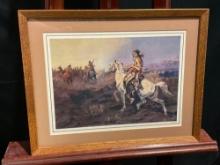 Framed Western Art Print titled Pony Raid by CM Russell, about 15 x 19 inches