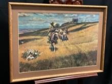 Framed Western Art Print titled When Wagon Trails Were Dim by CM Russell 24.5 x 30 inches