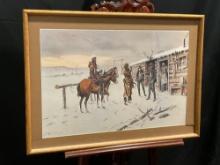 Framed Western Art Print titled Indian Trading Post by CM Russell, 24.5 x 34.5 inches