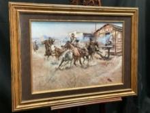 Framed Western Art Print titled Smoke of a .45 by CM Russell 28.5 x 40.5 inches