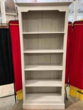 Vintage Warm French Gray Painted Wooden Shaker Style 5-Tier Bookshelf. Measures 35" x 79" See pics.