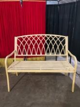 Vintage Butter Yellow Painted Metal 2-Seat Garden Bench w/ Intersecting Arches Pattern. See pics.
