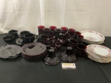 Vintage Avon Ruby Glass, Black Glass & Remington Fine China by Red Sea, approx 45 pieces in total