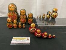 Trio of Vintage Russian/USSR Matryoshka Nesting Dolls, 7 piece Yellow/Black & 2x 5 piece sets