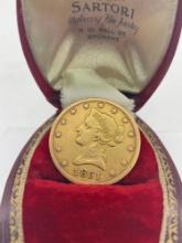 Rare Antique Liberty head 1851-O Gold ten dollar coin. .48375 oz, 15.046 Grams / half ounce gold