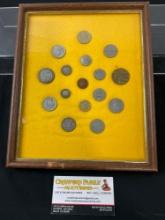 Framed Collection of 16 South American Coins from Venezuela, Argentina & Colombia