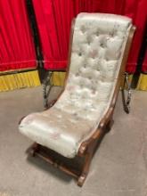 Vintage Victorian Style Carved Wooden Slipper Chair w/ Japanese Cream Silk Upholstery. See pics.