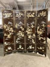 Vintage Chinese 4-Panel Brown Painted Wooden Room Divider w/ Carved Mother of Pearl Relief. See