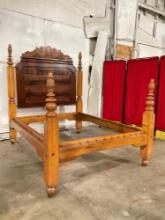 Antique Maple? Wooden Full Sized Rope Bed Frame w/ Art Nouveau Carved Headboard. See pics.