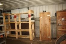 (2) Wooden Storage Cabinets, (1) Wooden Shelving Unit, (1) Wooden Worktable