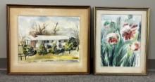 2 Watercolors By Karen Morges - Oriental Poppies & Landscape W/ House, Both