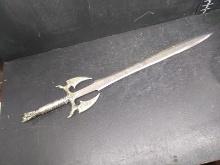 Decorative Gothic Silver Tone Sword with Flaming Skull Handle
