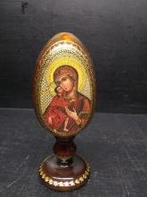 Religious Icon-Carved Wooden Egg-Virgin Mary with Christ