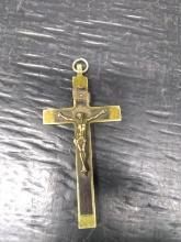 Religious Icon-Wood and Brass Crucifix Pendant marked France