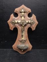 Religious Icon-Wood and Metal Crucifix with Holy Water Bowl
