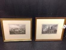 Artwork-Pair Framed and Matted Colored Lithographs by W Agnes -Tetbury & Malmesbury Cross