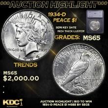 ***Auction Highlight*** 1934-d Peace Dollar 1 Graded ms65 By SEGS (fc)