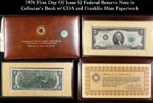 1976 First Day Of Issue $2 Federal Reserve Note in Collector's Book w/ COA and Franklin Mint Paperwo