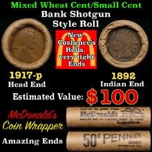 Small Cent Mixed Roll Orig Brandt McDonalds Wrapper, 1917-p Lincoln Wheat end, 1892 Indian other end
