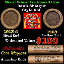 Small Cent Mixed Roll Orig Brandt McDonalds Wrapper, 1913-d Lincoln Wheat end, 1908 Indian other end