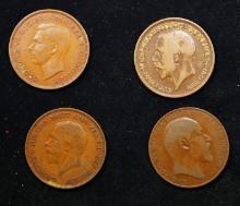 Group of 4 Coins, Great Britain Pennies, 1907, 1917, 1935, 1940 .