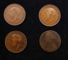 Group of 4 Coins, Great Britain Pennies, 1863, 1916, 1918, 1935 .